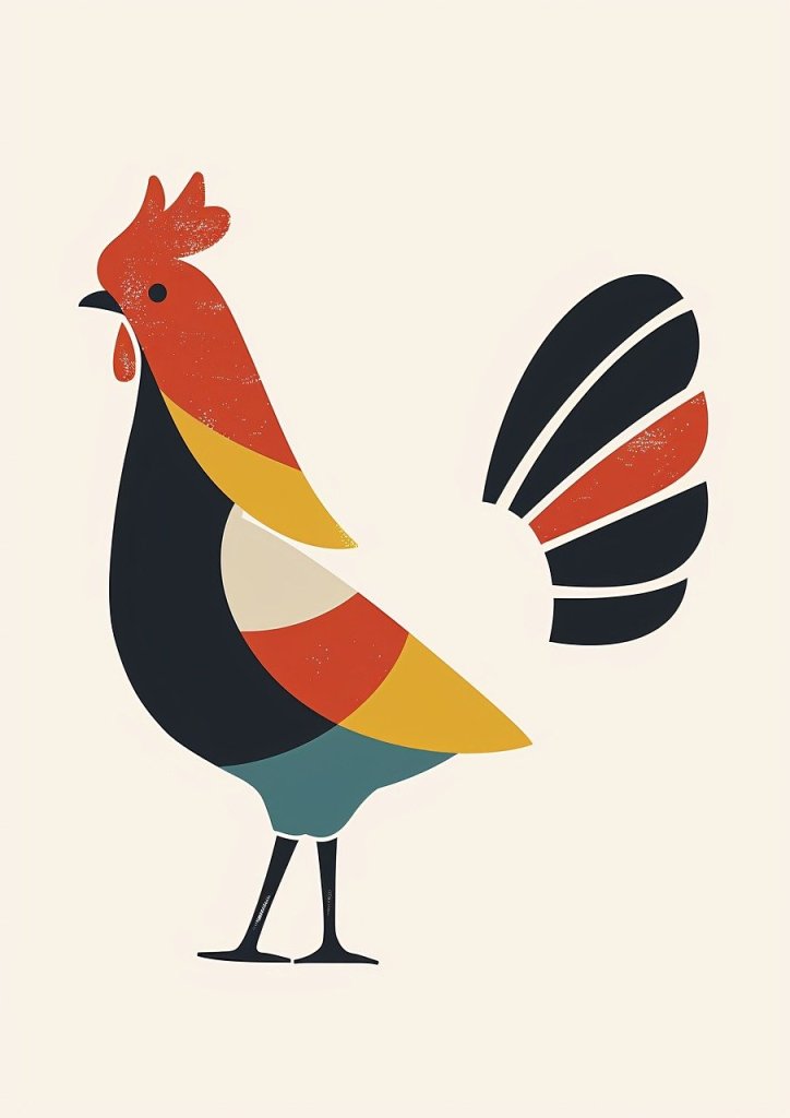 Simple colorblock illustration of a colorful rooster